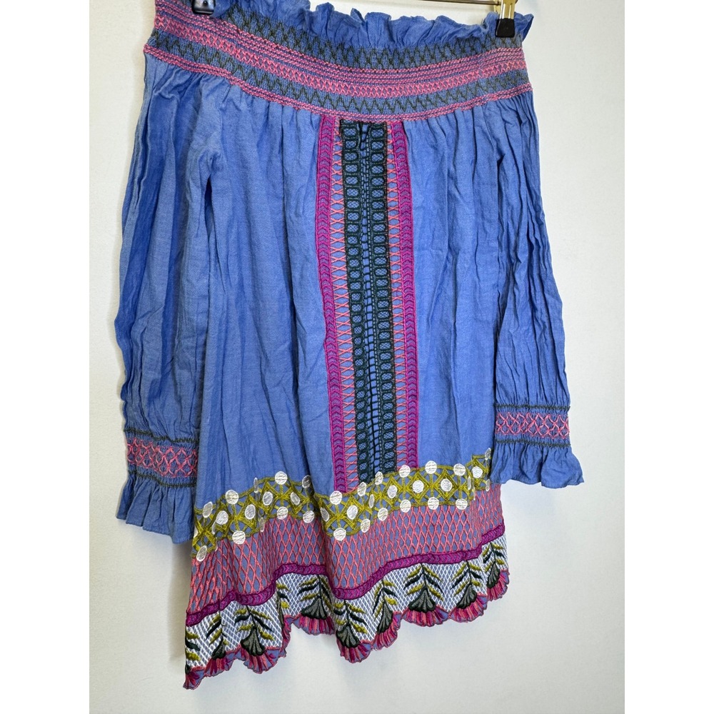 Red Carter Blue Cotton Embroidered Off Shoulder Boho Peasant Top Small‎